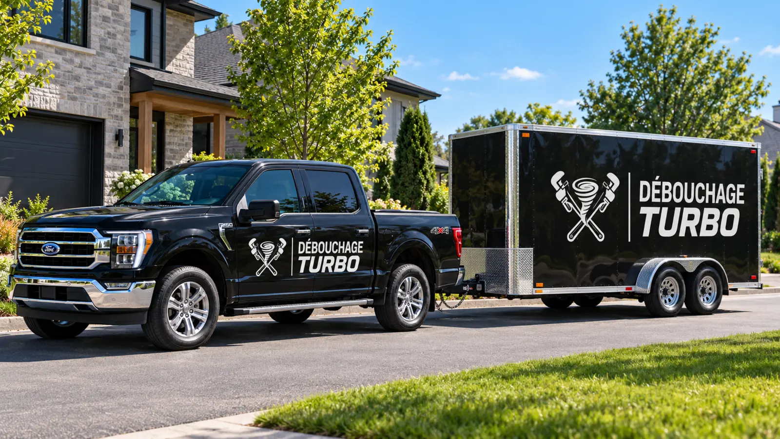 Camion et remorque Débouchage Turbo devant une résidence