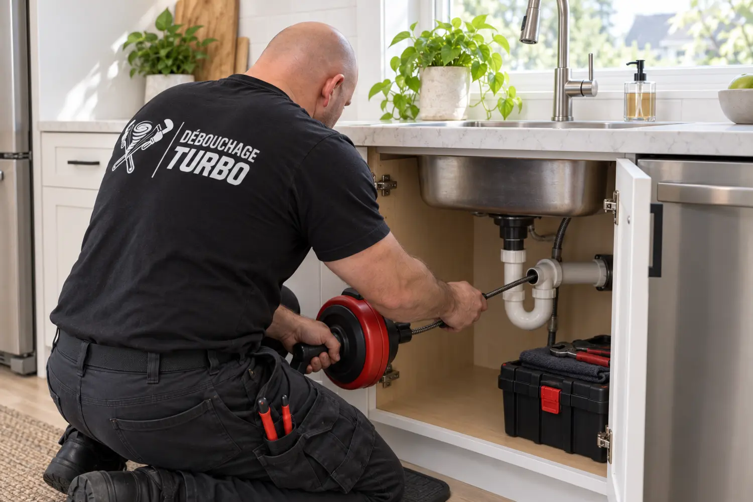 Technicien Débouchage Turbo débouchant un évier de cuisine